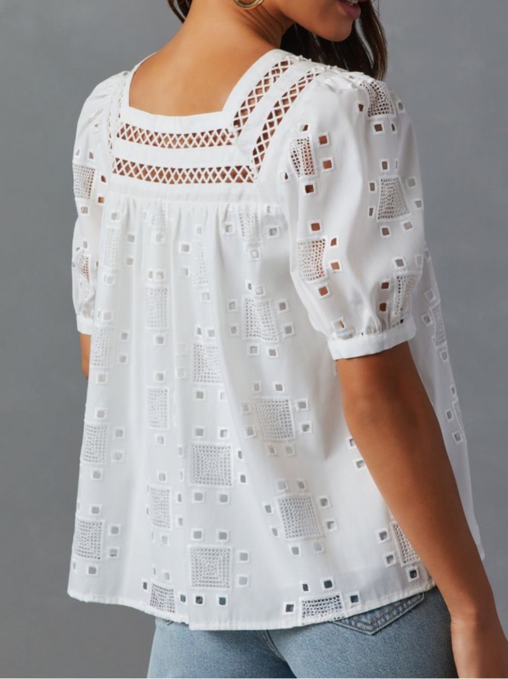 English Factory White Eyelet Square-Yoke Peasant Blouse